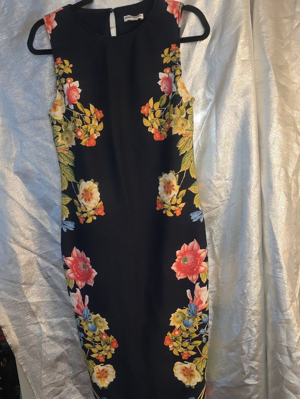 Navy Blue Floral Sheath Dress - Elegant Sleeveless Midi